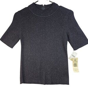 Koret Ribbed Small Black Short Sleeve Metallic Knit Top Stretchy Deadstock New